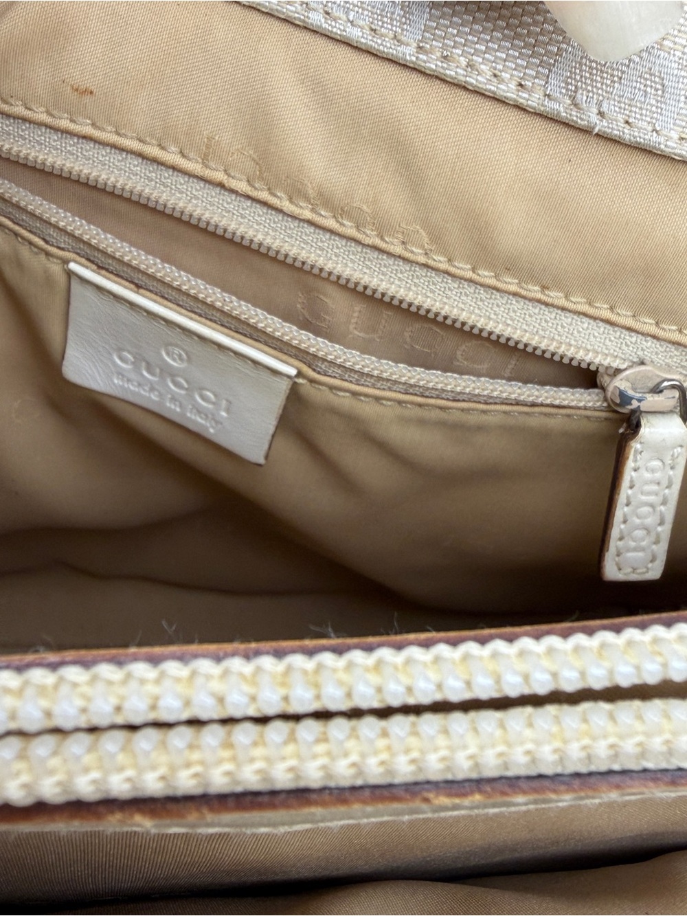 Gucci GG Canvas Bamboo Handle Tote Ivory Beige Vintage Italy - Picture 7 of 13